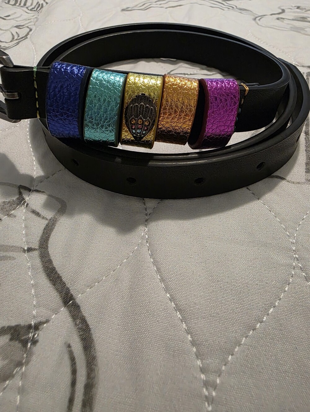NWOT Kurt Geiger Black Leather Belt with Rainbow Metallic Accent Rings